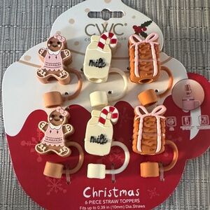 Christmas Straw Toppers - Festive Set. Of (6) Gingerbread Pink Accents. New.
